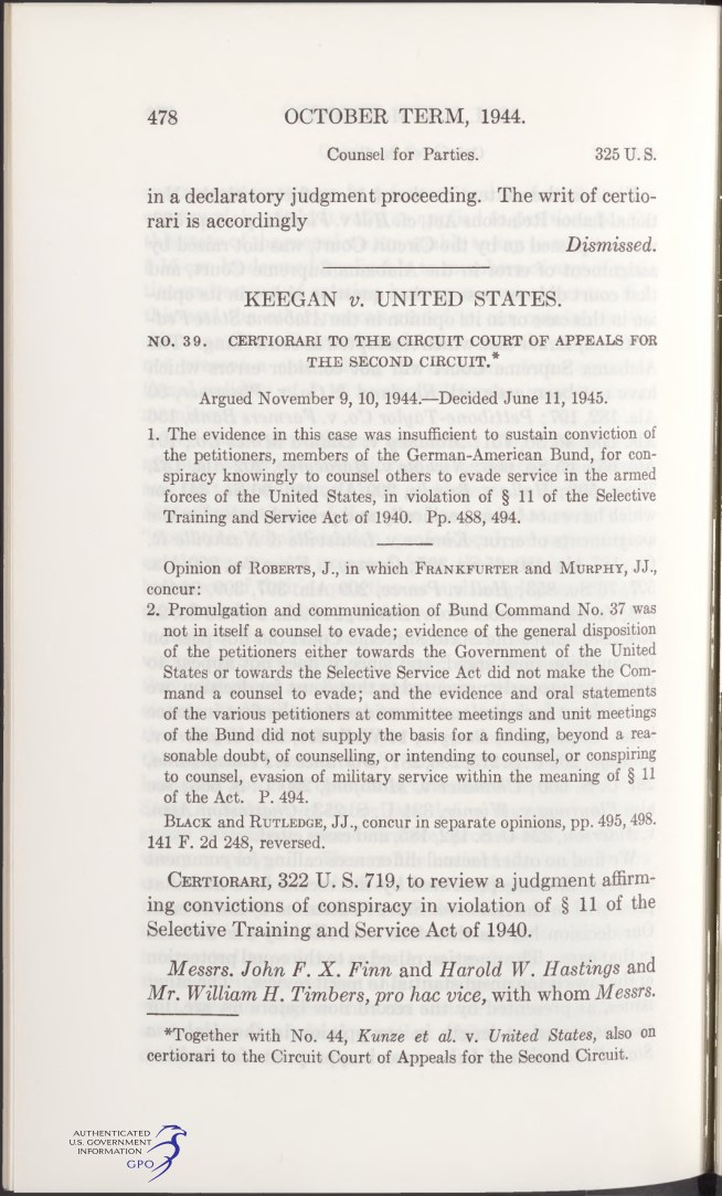 Keegan v. United States: draft-conspiracy convictions reversed, 1945