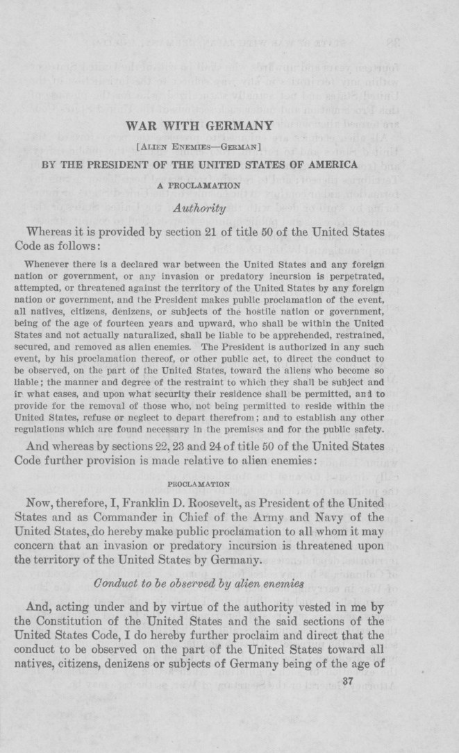 Proclamation2526: German alien enemies, 8 December 1941